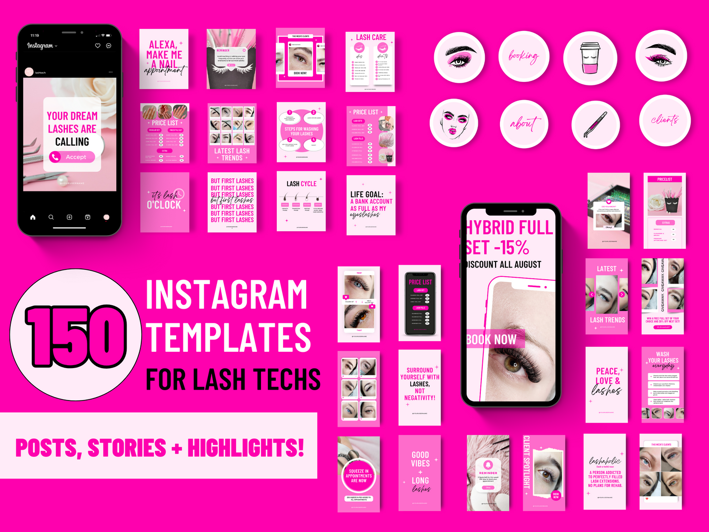 150 Customizable Canva Templates for Lash Technicians on Instagram - Posts, Stories, Highlights