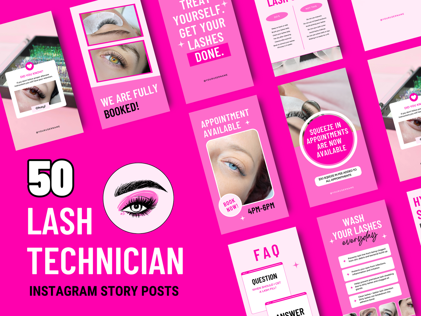 150 Customizable Canva Templates for Lash Technicians on Instagram - Posts, Stories, Highlights